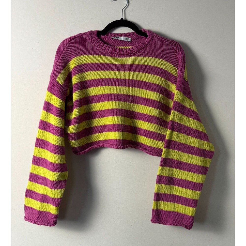 Zara Cropped Striped Sweater Pink Yellow Knit Pullover Y2K Size S